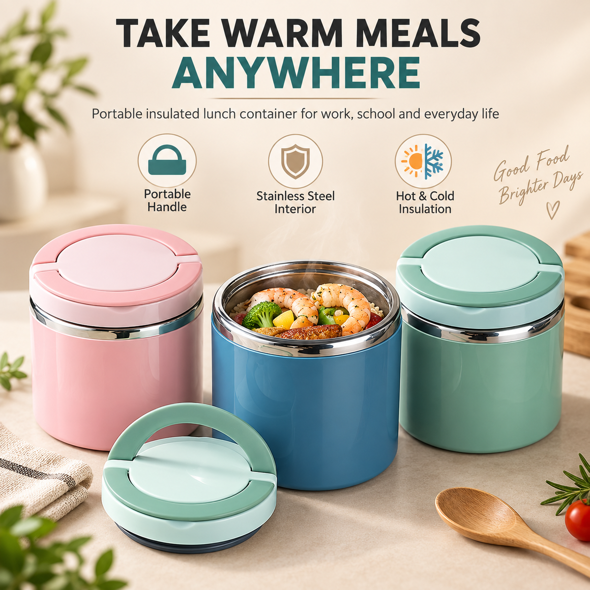 Insulated Stainless Steel Lunch Container with Carry Handle – Leak-Resistant Thermal Food Jar-V