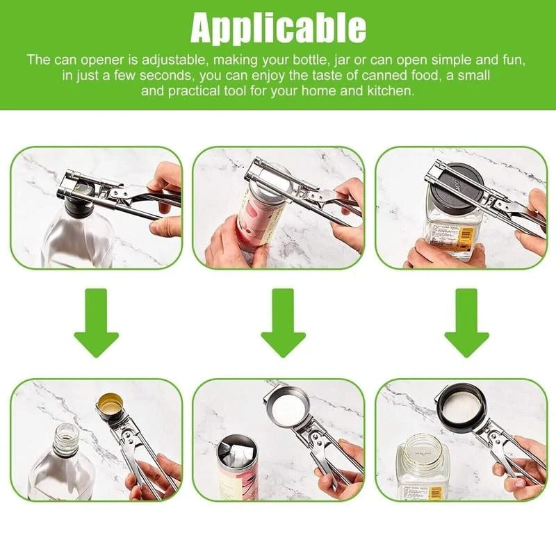 Adjustable stainless steel jar opener — different lid sizes