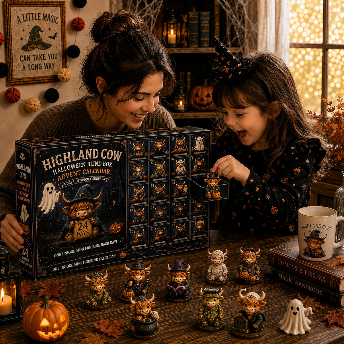 Highland Cow Halloween Advent Calendar mom and child opening blind box