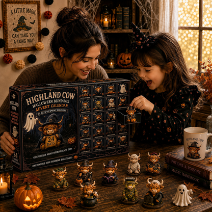 Highland Cow Halloween Advent Calendar mom and child opening blind box