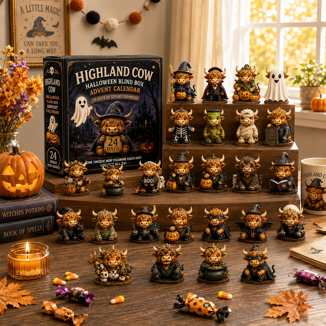 Highland Cow Halloween blind box full 24 figure collection display