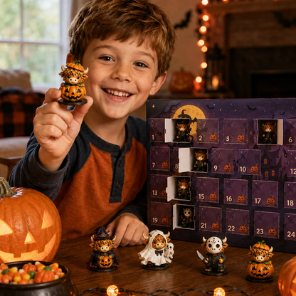 Child unboxing Highland Cow Halloween Advent Calendar mini figure