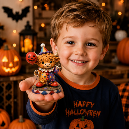 Kid holding Highland Cow Halloween clown mini figure